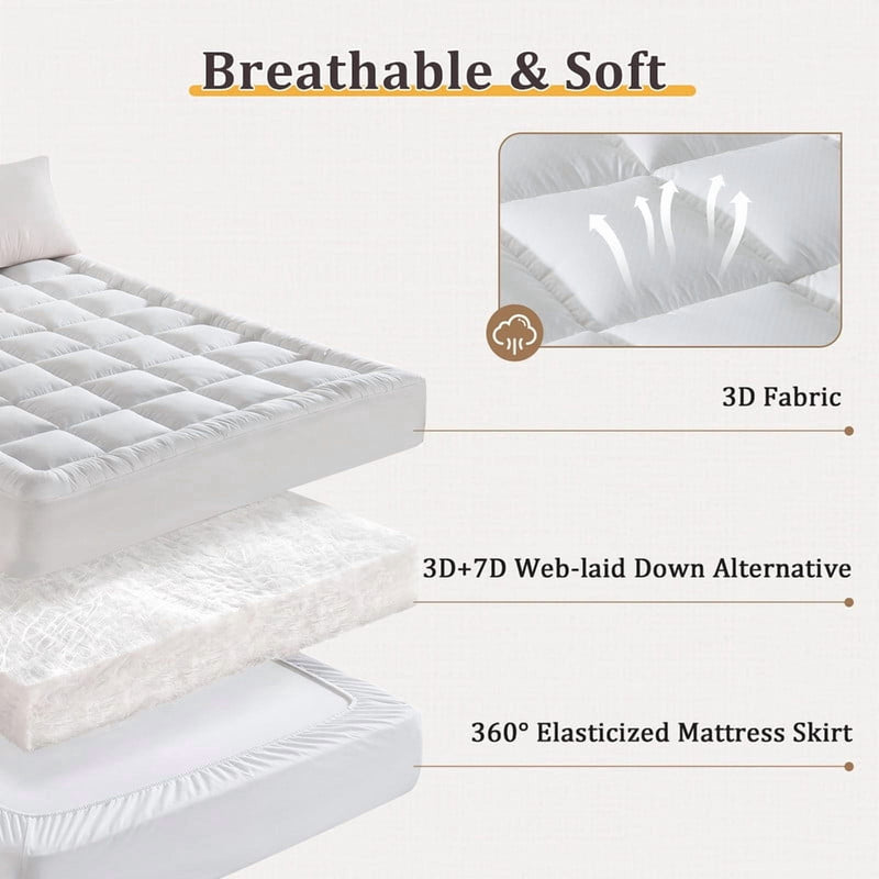 Vccoem Cooling Mattress Topper Queen White, Extra Thick Quilted Mattress Pad, Deep Pocket Fit, Breathable Plush Bed Topper, Hypoallergenic