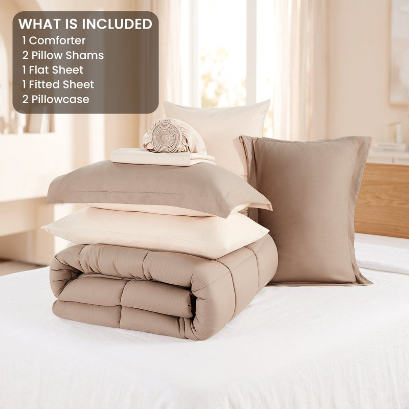 Vccoem 7 Piece Comforter Set Queen Size, All Season Bed in a Bag, Ultra Soft Bedding with Comforter, Sheets, Pillowcases & Shams, Khaki & Beige