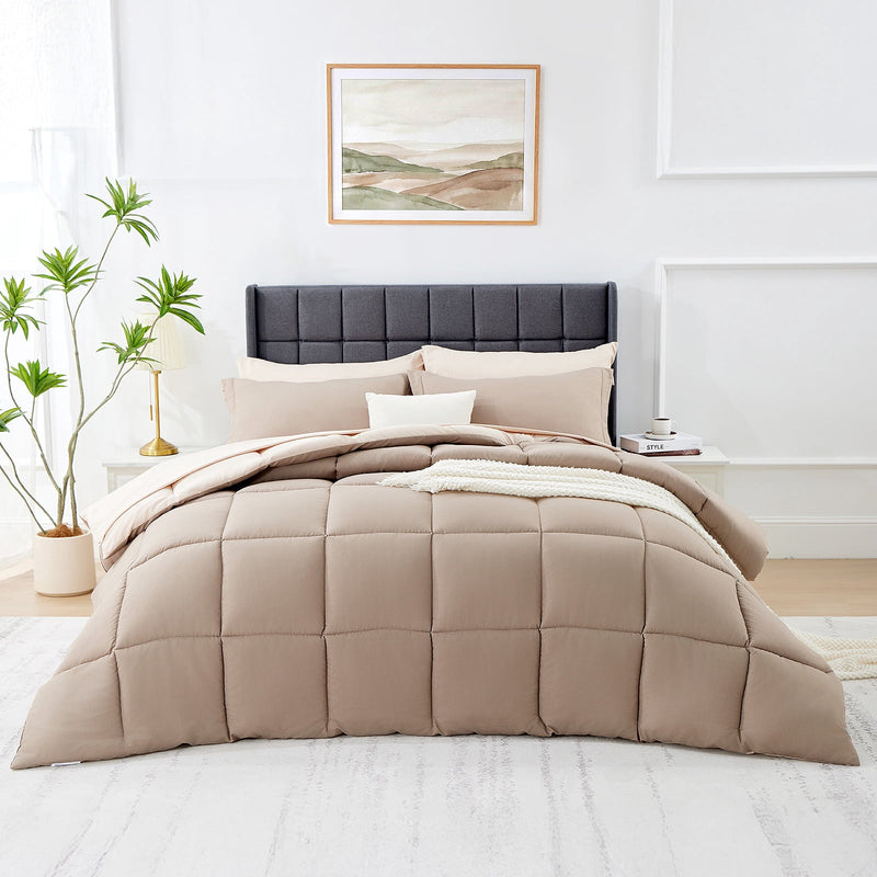Vccoem 7 Piece Comforter Set Queen Size, All Season Bed in a Bag, Ultra Soft Bedding with Comforter, Sheets, Pillowcases & Shams, Khaki & Beige