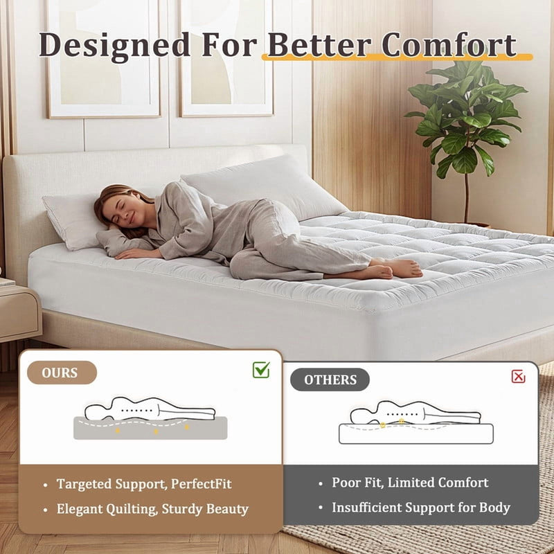 Vccoem Cooling Mattress Topper Queen White, Extra Thick Quilted Mattress Pad, Deep Pocket Fit, Breathable Plush Bed Topper, Hypoallergenic