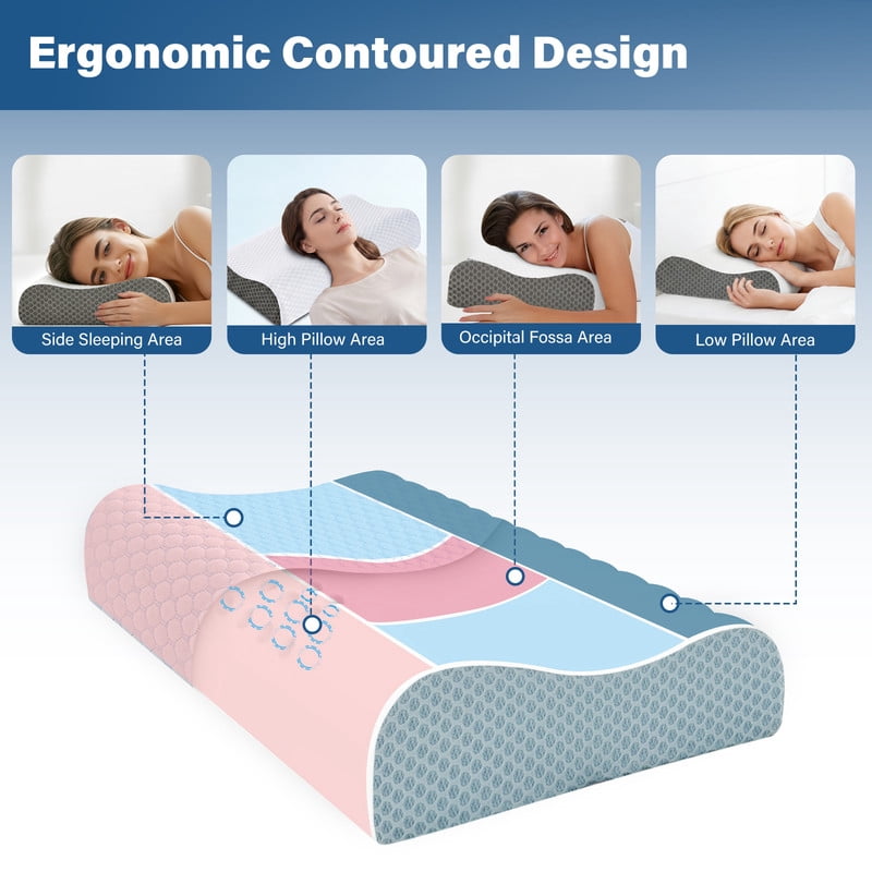 Cervical Neck Pillow for Sleeping and Neck Support, Ergonomic Contour Memory Foam Pillow for Side, Back, Stomach Sleeper, Washable Pillowcase, Blue