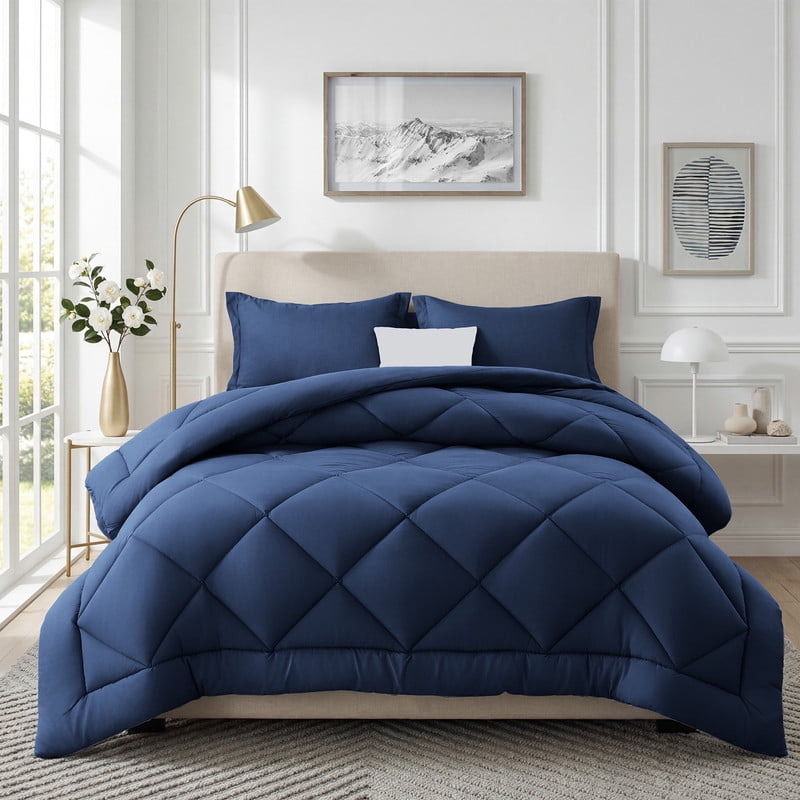 3 Pieces Queen Size Comforter Set, All Season Lightweight Breathable Bedding Set with 1 Down Alternative Comforter and 2 Pillowcases, Navy