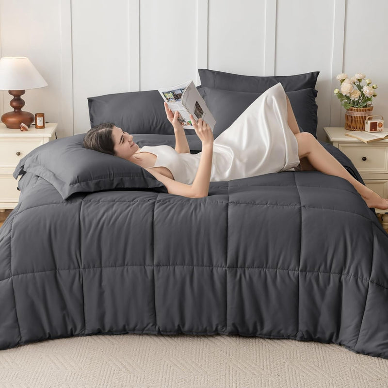 Cooling Comforter Queen Size, Down Alternative Duvet Insert with Corner Tabs, All Season Soft Quilted Bed Comforter, Lightweight Bedding for Women & Men, Grey