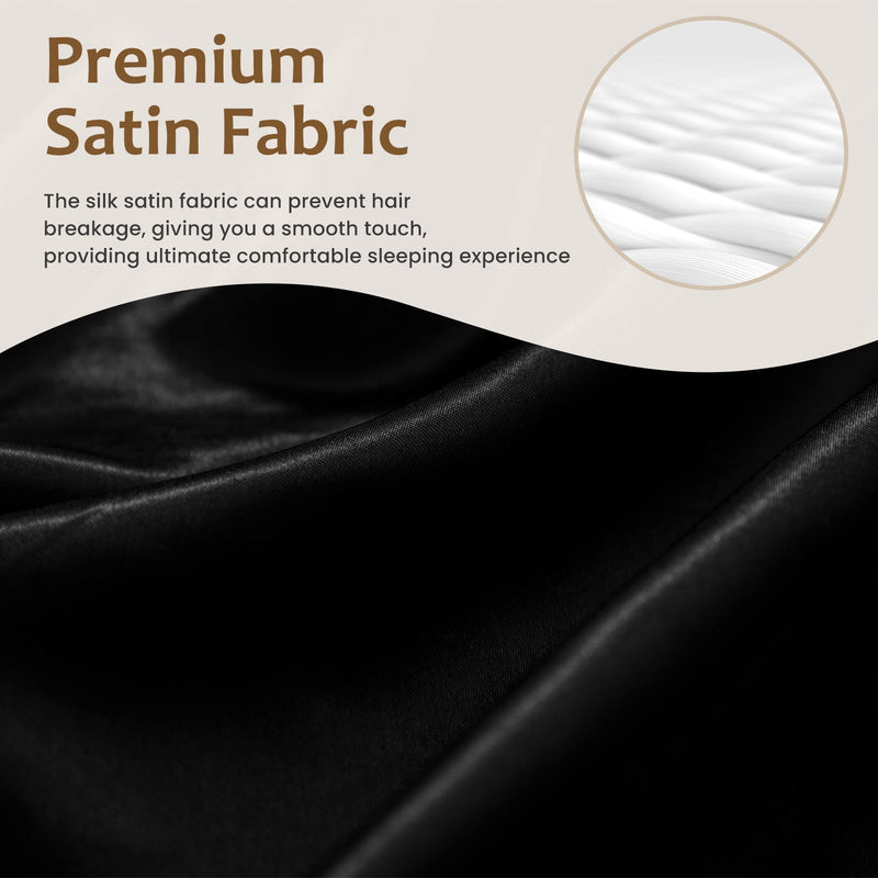 Satin Sheets Set Queen Size, 4 Pieces Soft Silky Bedding Sheets Set with Elastic Corner Straps and 14 Inches Deep Pocket, Includes 1 Fitted Sheet, 1 Flat Sheet, 2 Pillowcases, Black