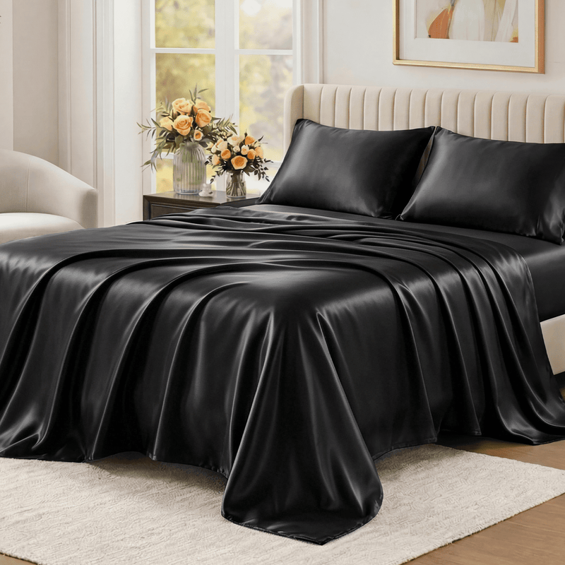 Satin Sheets Set Queen Size, 4 Pieces Soft Silky Bedding Sheets Set with Elastic Corner Straps and 14 Inches Deep Pocket, Includes 1 Fitted Sheet, 1 Flat Sheet, 2 Pillowcases, Black