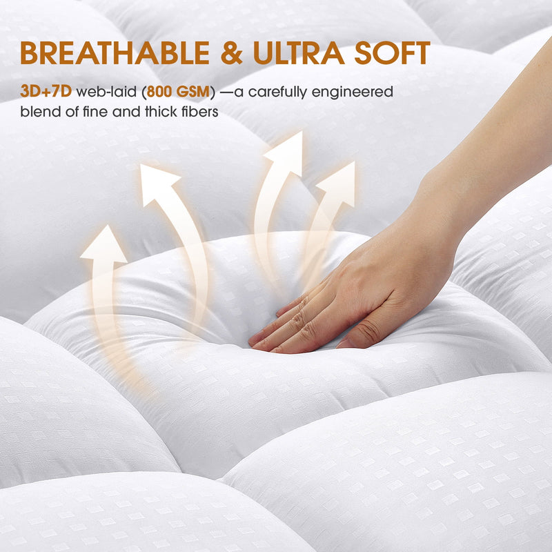 Vccoem Queen Mattress Topper, 2" Cooling Pillow Top & 8-21" Deep Pocket, Plush Mattress Pad Cover for Breathable Comfort, White