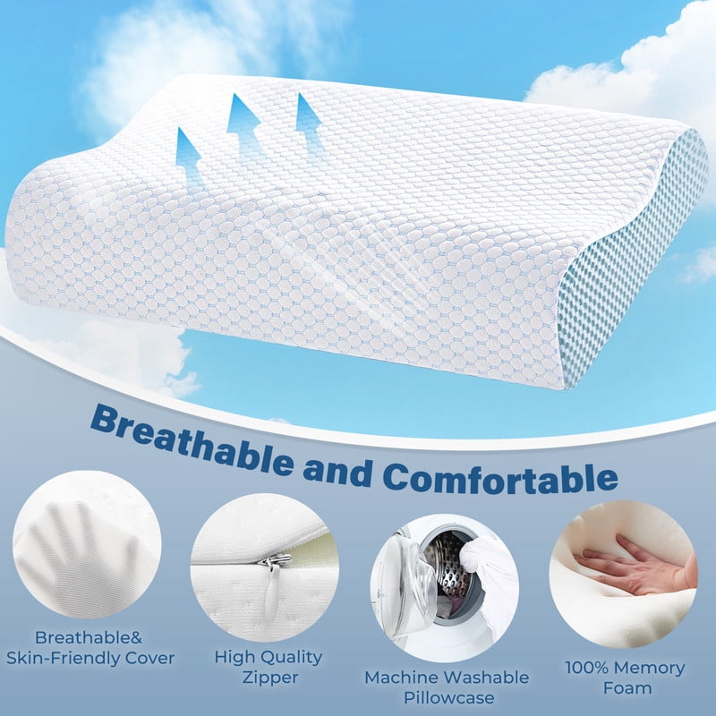 Cervical Neck Pillow for Sleeping and Neck Support, Ergonomic Contour Memory Foam Pillow for Side, Back, Stomach Sleeper, Washable Pillowcase, Blue