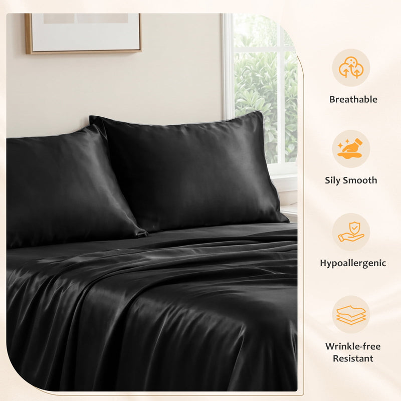 Satin Sheets Set Queen Size, 4 Pieces Soft Silky Bedding Sheets Set with Elastic Corner Straps and 14 Inches Deep Pocket, Includes 1 Fitted Sheet, 1 Flat Sheet, 2 Pillowcases, Black