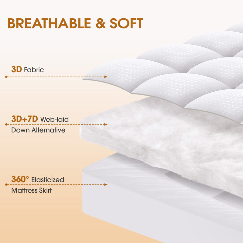 Vccoem Queen Mattress Topper, 2" Cooling Pillow Top & 8-21" Deep Pocket, Plush Mattress Pad Cover for Breathable Comfort, White
