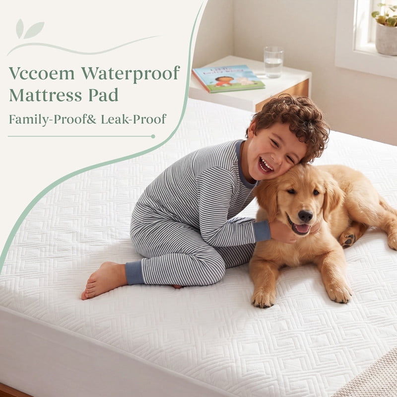Vccoem Queen Waterproof Mattress Protector, Quilted Breathable Noiseless Mattress Pad, Deep Pocket Fits up to 21”, White