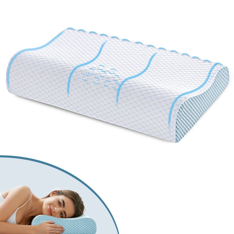 Cervical Neck Pillow for Sleeping and Neck Support, Ergonomic Contour Memory Foam Pillow for Side, Back, Stomach Sleeper, Washable Pillowcase, Blue
