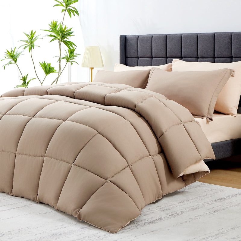 Vccoem 7 Piece Comforter Set Queen Size, All Season Bed in a Bag, Ultra Soft Bedding with Comforter, Sheets, Pillowcases & Shams, Khaki & Beige
