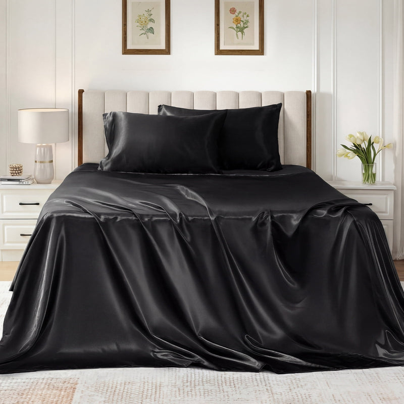 Satin Sheets Set Queen Size, 4 Pieces Soft Silky Bedding Sheets Set with Elastic Corner Straps and 14 Inches Deep Pocket, Includes 1 Fitted Sheet, 1 Flat Sheet, 2 Pillowcases, Black