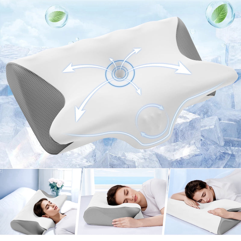 Vccoem Cervical Pillow for Neck Pain Relief, Ergonomic Hollow Design, Odorless Memory Foam Pillow for Sleeping, Orthopedic Contour Neck Support Pillows with Additional Pillowcase,(White Paired Gray)