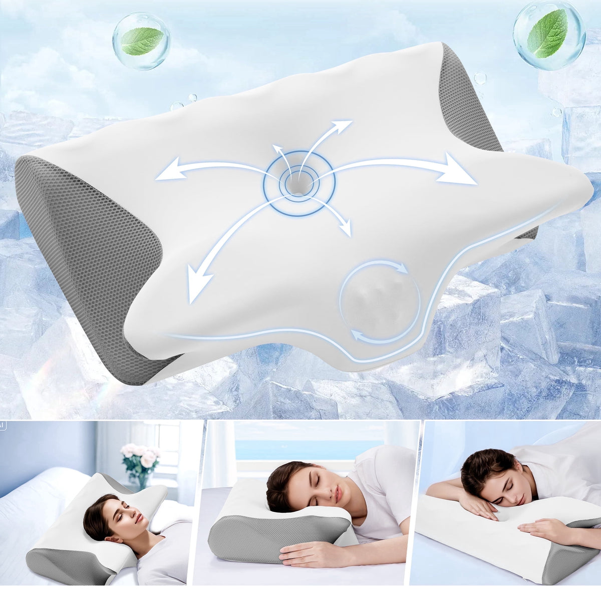 Vccoem Cervical Pillow for Neck Pain Relief, Ergonomic Hollow Design, Odorless Memory Foam Pillow for Sleeping, Orthopedic Contour Neck Support Pillows with Additional Pillowcase,(White Paired Gray)