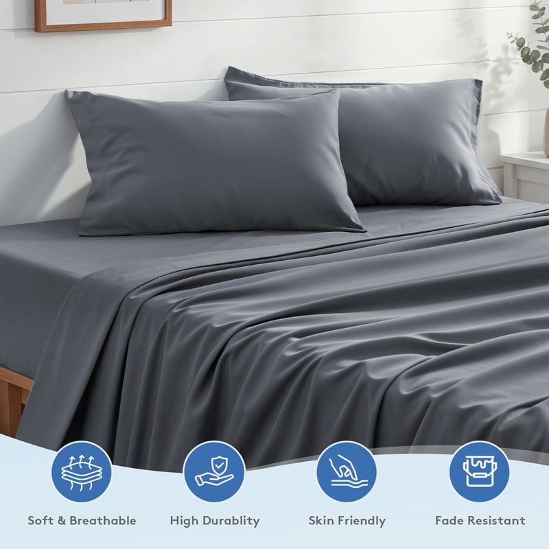 Bedding Queen Size 4 Pieces Sheet Set, Includes 1 Fitted Sheet, 1 Flat Sheet and 2 Pillowcases, Soft and Breathable Cooling Bed Sheet Set with Deep Pocket, Grey