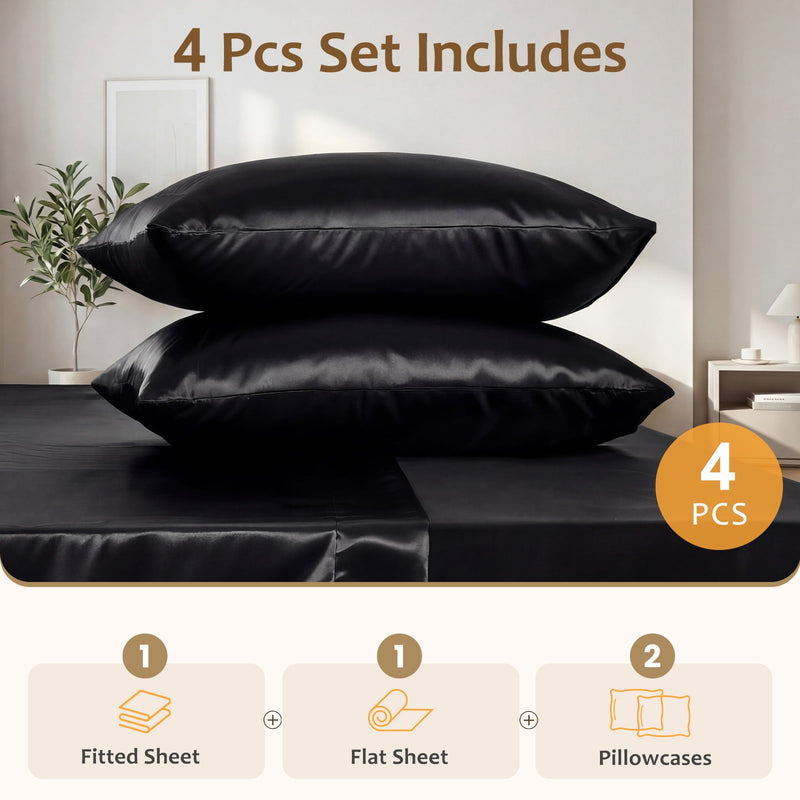 Satin Sheets Set Queen Size, 4 Pieces Soft Silky Bedding Sheets Set with Elastic Corner Straps and 14 Inches Deep Pocket, Includes 1 Fitted Sheet, 1 Flat Sheet, 2 Pillowcases, Black