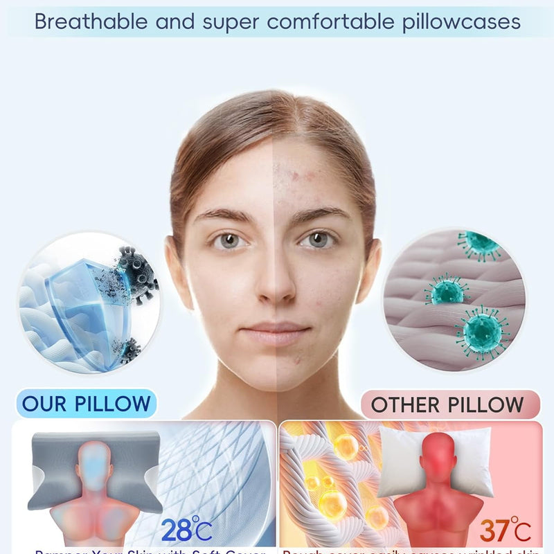 Vccoem Cervical Pillow for Neck Pain Relief, Ergonomic Hollow Design, Odorless Memory Foam Pillow for Sleeping, Orthopedic Contour Neck Support Pillows with Additional Pillowcase,(White Paired Gray)