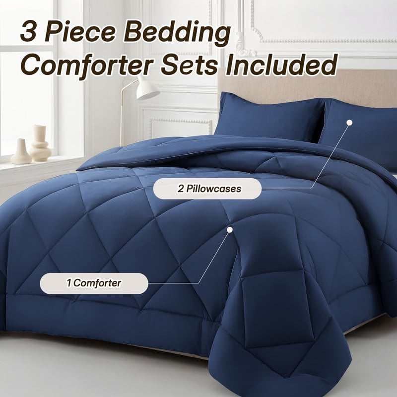 3 Pieces Queen Size Comforter Set, All Season Lightweight Breathable Bedding Set with 1 Down Alternative Comforter and 2 Pillowcases, Navy