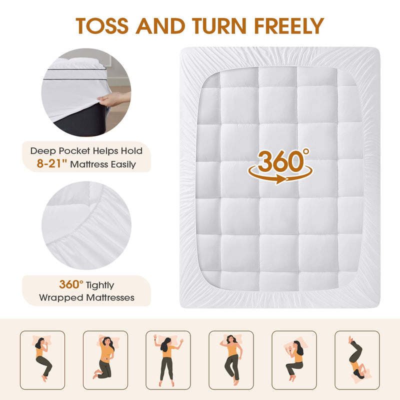 Vccoem Queen Mattress Topper, 2" Cooling Pillow Top & 8-21" Deep Pocket, Plush Mattress Pad Cover for Breathable Comfort, White