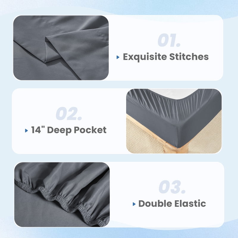 Bedding Queen Size 4 Pieces Sheet Set, Includes 1 Fitted Sheet, 1 Flat Sheet and 2 Pillowcases, Soft and Breathable Cooling Bed Sheet Set with Deep Pocket, Grey