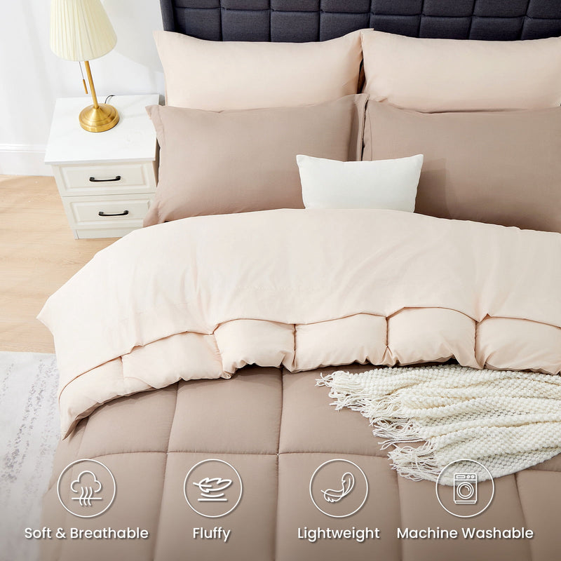 Vccoem 7 Piece Comforter Set Queen Size, All Season Bed in a Bag, Ultra Soft Bedding with Comforter, Sheets, Pillowcases & Shams, Khaki & Beige